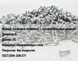 Шуруп с плоской головкой, с крестообразным шлицем 6х75 нержавеющая сталь без покрытия ГОСТ: DIN 571